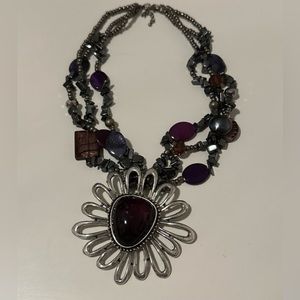 Three Strand Beaded Purple and Silver Necklace with Large Silver Tone Pendant